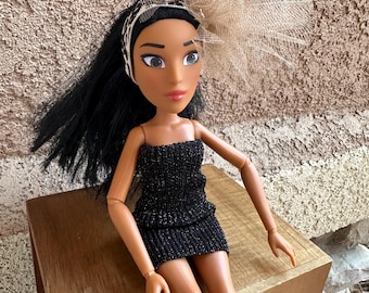 Black & Gold Dress with Headband for One Sixth Sized Dolls | Handmade Fashion Doll Clothes