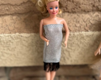 Party Dress with Fringe for Standard Fashion Doll | Sparkly Silver 1 Piece Outfit for 11.5” fashion doll