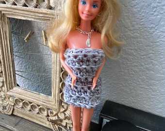 Taupe Cotton Fashion Doll Dress & Feather Necklace | Dress for 11.5” fashion doll | Handmade Crochet Outfit with Accessory