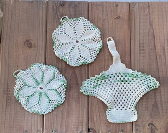 Vintage Swedish Potholders | Vintage Doilies | Antique Green Kitchen Accessories