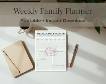 Minimalistische wekelijkse gezinsplanner, planningsorganisator, maaltijdplan (pdf)