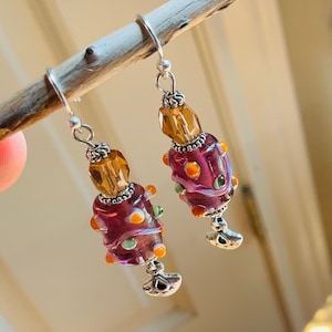 Purple Lampwork Glass Dangle Earrings with Crystals and a Silver Charm