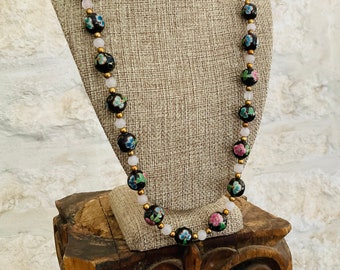 Cloisonné Bead Necklace with Rose Quartz and Czech Glass Beads