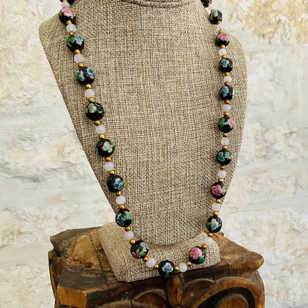 Cloisonné Bead Necklace with Rose Quartz and Czech Glass Beads