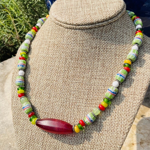 Colorful African Bead Necklace with Fulani Bead and Strawstack Beads