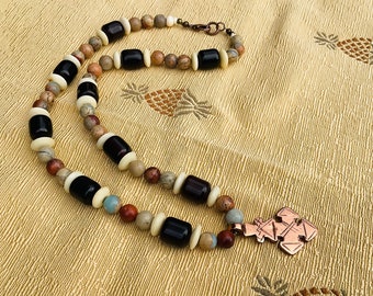 Coptic Cross Necklace in Copper with Vintage Mali Beads and African Opals, African Bead Necklace