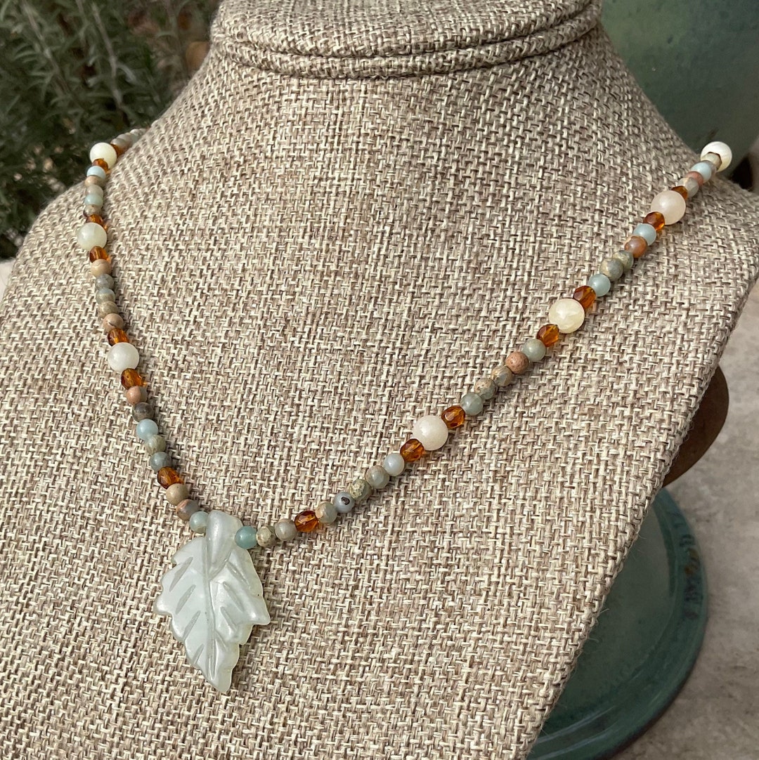 Carved Stone Leaf Pendant Necklace With Jasper Crystal and Etsy