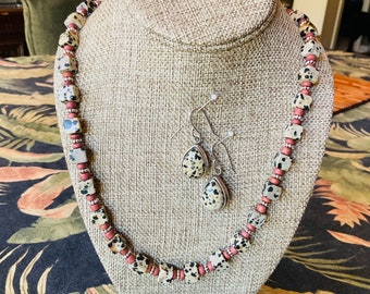 Cube Dalmatian Jasper Necklace with Matching Earrings