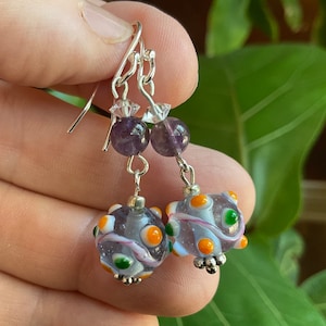 Pretty Harlequin Lampwork Bead Dangle Earrings with Purple Glass and Crystal Beads