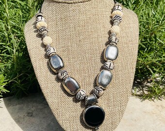 Tribal Inspired Carved Bone Bead Necklace, Enamel Pendant, Leather Cord