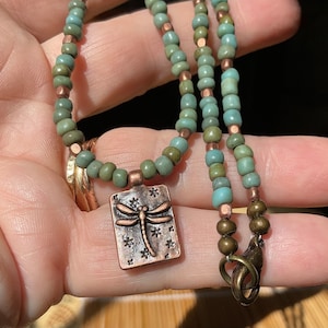 Dragonfly Necklace with Turquoise African Glass Beads and Copper Beads
