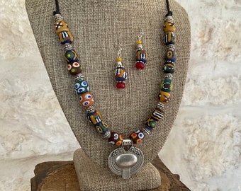 Colorful Krobo Bead Necklace with Rustic Turkish Pendant and Matching Earrings, African Bed Necklace