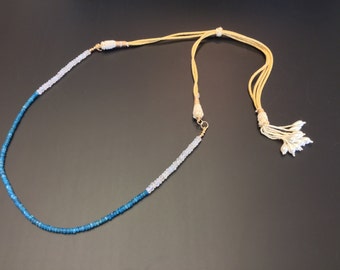 Handmade semi precious Natural Genuine Neon Apatite and Blue Flashy white Rainbow Moonstone, Beaded Tassel Adjustable Gold Necklace Cord.