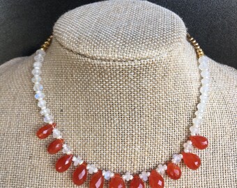 Adjustable gold cord carnelian, moonstone & natural pearl necklace. Healing Energy Jewelry.