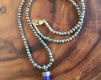 Natural handmade sparkling faceted Pyrite beaded necklace. Genuiue sapphire and pave diamonds pendant with Oxidized  Sterling Silver finsh.
