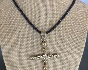 Exquisite natural, blue Sapphire faceted gemstone necklace & 925 Sterling silver citrine cross. Stunning Healing Energy gemstone necklace.