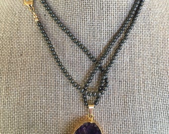 Natural Beaded Hematite & Amethyst Cluster Pendant in 24k gold plated. Energy Healing necklace, natural gemstones with gold fill components