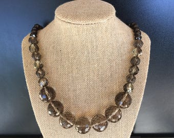 Unique smoky quartz, natural faceted garnet and black spinel gemstone necklace with a Bali sterling silver clasp. Healing jewelry necklace.