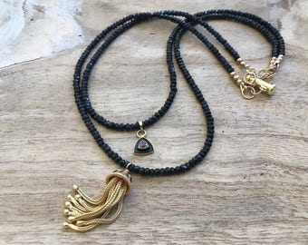 Unique double AAA Spinel stranded gemstone necklace, handmade vermeil gold tassel pendant & Italian Amethyst pendant. Healing Energy Jewelry