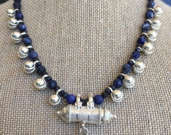 Handmade Sapphire, Sodalite and Lapis necklace with Sterling Silver bells & Kavach Pendant, that opens up to lock in anything you desirer!