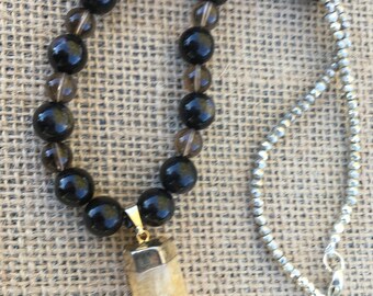 Hypersthene, smoky quartz, pyrite & citrine 24K gold plated pendant gemstone necklace with sterling silver clasp. Healing Jewerly with love.