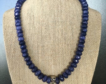 Adjustable sapphire beaded, sterling silver Purpurite pendant necklace, with Charolite beads, sterling silver clasp & extender chain.