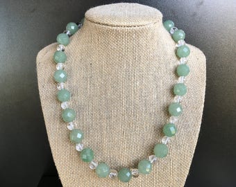 Fashionable and stunning natural green faceted aventurine, quartz and moonstone necklace, with sterling silver clasp. Healing Jewelry.