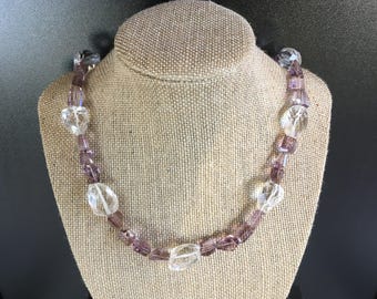 Natural pink amethyst ametrine faceted gemstone necklace, crystal quartz beads, pyrite, sterling silver beads & Bali sterling silver clasp.