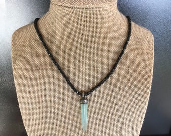 Natural black spinel gemstone necklace with Sterling silver oxidized finish, genuine pave diamonds & sea green chalcedony pendant.