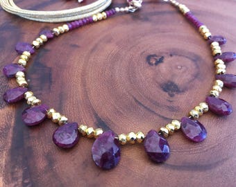 Adjustable Handmade Geniune Ruby, Gold Pyrite gemstone necklace, adorned with handmade gold cord & tassel. AA Quality Natural ruby faceted