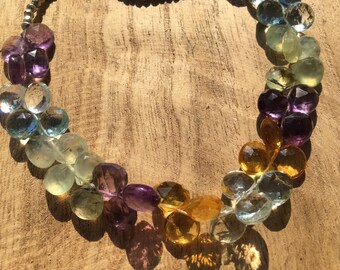 Multi gemstone adjustable necklace, faceted briolettes citrine, amethyst, blue topaz, prehite & pyrite  beads, 14k gold fill, tassel.