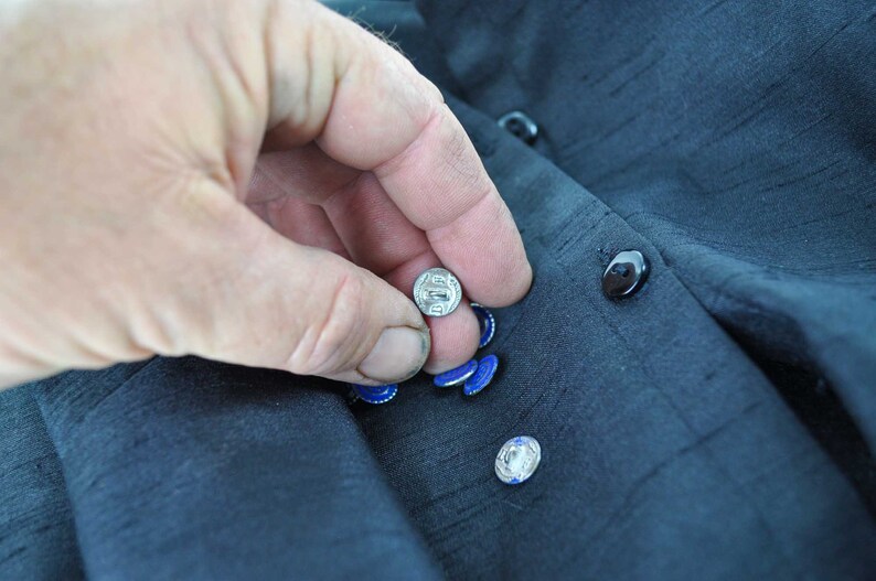 Unique blue painted blouse buttons hand made of Pewter and finished in the USA