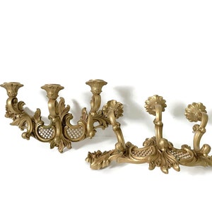 HOMCO 400T Pair Wall Hanging Candle Sconces, Set Ornate Triple Arm Sconces, Hollywood Regency Glam Gold Wall Decor, Vintage Mid Century