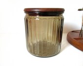 Ribbed Smokey Brown Glass Humidor, Round Tobacco Holder, Walnut Wood Aztec Humidor