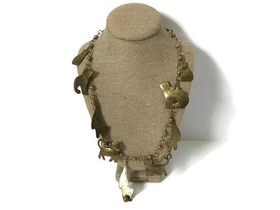 Brass Cat Necklace Vintage, Unique Brass Dangle C… - image 2