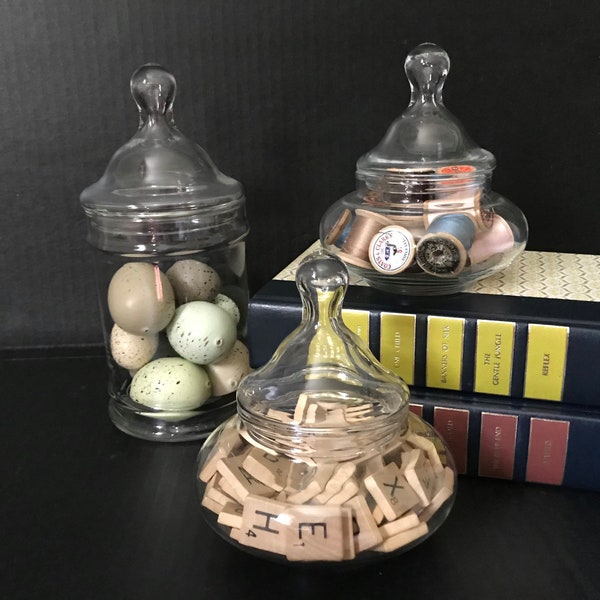 Vintage Apothecary Jar with Scrabble Tiles, Speckled Eggs Spring Decor, Vintage Wooden Spools Glass Jar
