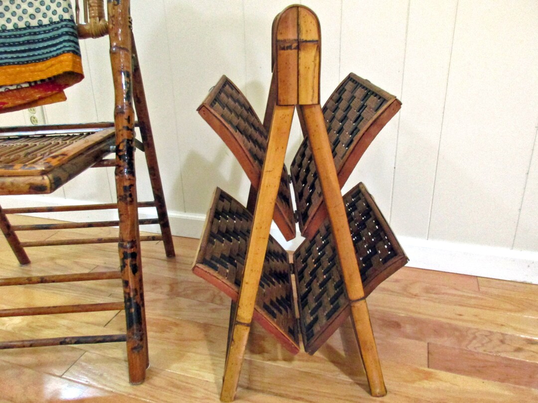 Vintage Bamboo Folding Magazine Rack, Rattan 2 Tier Magazine Holder ...
