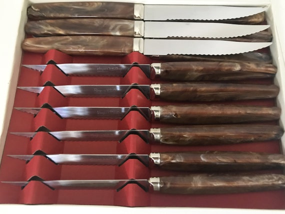 Regent Sheffield Steak Knives Set of 12, Sheffield England Stainless,  Arbleized Brown Plastic Steak Knives, Forever Sharp Knife Set 