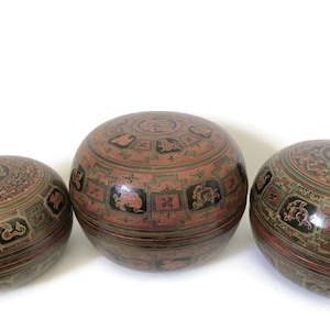 Burmese Nesting Bowls LARGE Set, Excellent Condition Mid Century Burma Lacquer Nesting Box Containers, 6 Vintage Thai Lacquered Bowls