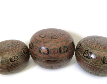 Burmese Nesting Bowls LARGE Set, Excellent Condition Mid Century Burma Lacquer Nesting Box Containers