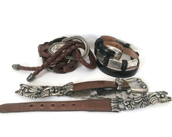 BRIGHTON Leather Belt, Embossed Leather Brown Black Silver 1990s Vintage Fashion Unisex Belt Size Small Medium