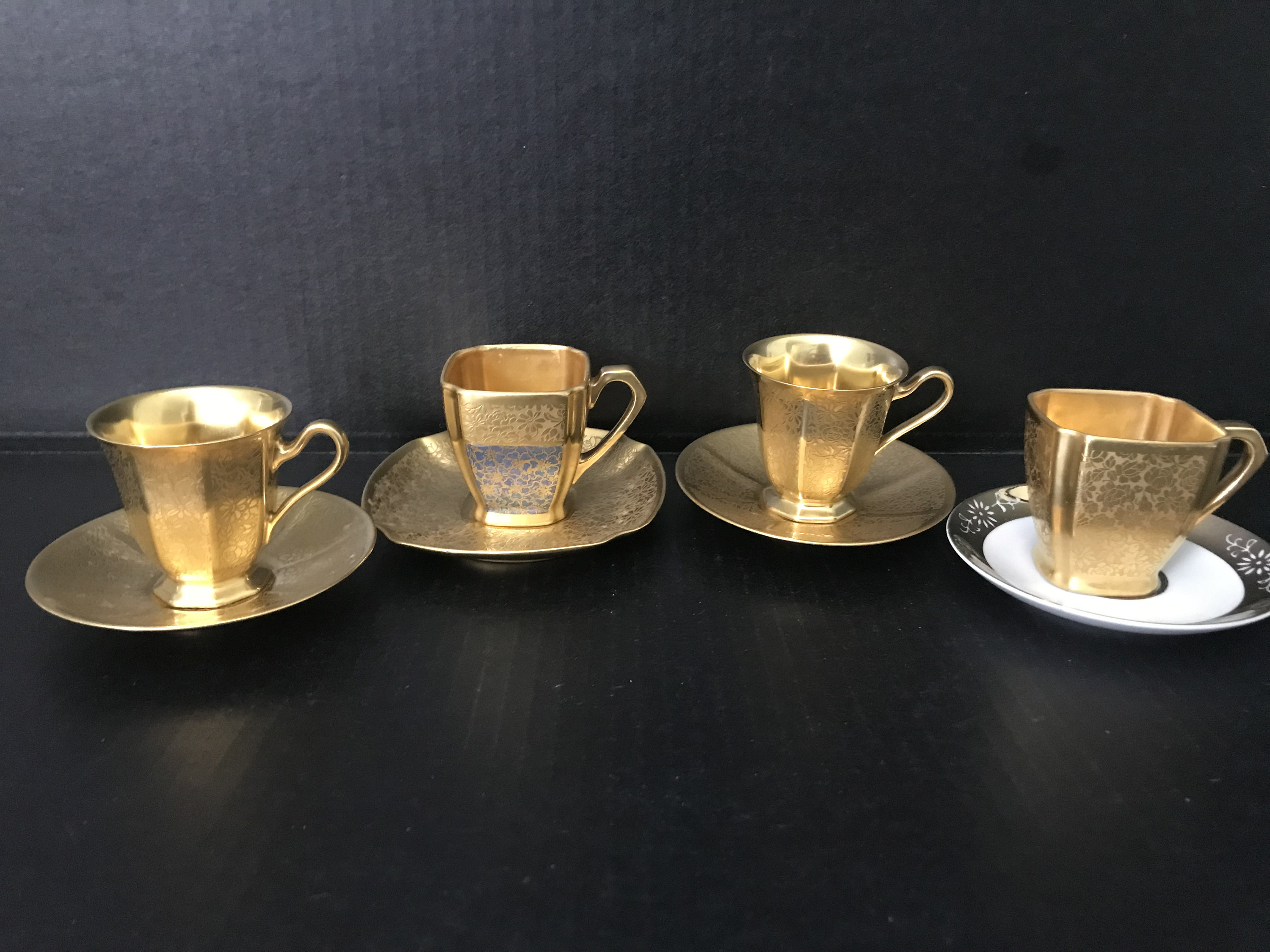 Vintage PICKARD China Cups & Saucers Set of 2, Gold Rose and Daisy