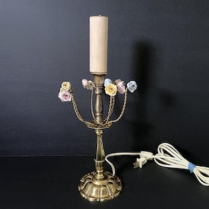 French Porcelain Flowers Lamp, Small Candlestick Footprint Porcelain Floral Roses Boudoir Lamp
