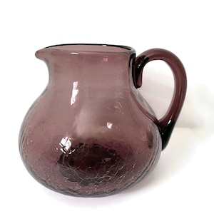 MCM Crackle Glass Pitcher 4-1/2&quot;, Vintage Blenko Pilgrim Rainbow Kanawha Purple Amethyst Plum Crackle Glass Window Sill Mini Pitcher