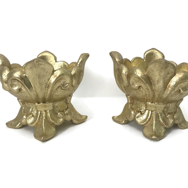 Set Pair Gold Fleur De Lis Votive Candle Holders Cups Vintage, Low Table Setting Candles for Votives or Small Glass Candle Cups