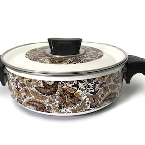Vintage FanciPan Enamel Pot with Lid EXC 2 Quart, White Brown Yellow Paisley, Retro Enamelware Cookware 70s Kitchen