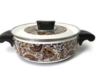 Vintage FanciPan Enamel Pot with Lid EXC, Retro 70s Paisley Cookware, 2 Quart