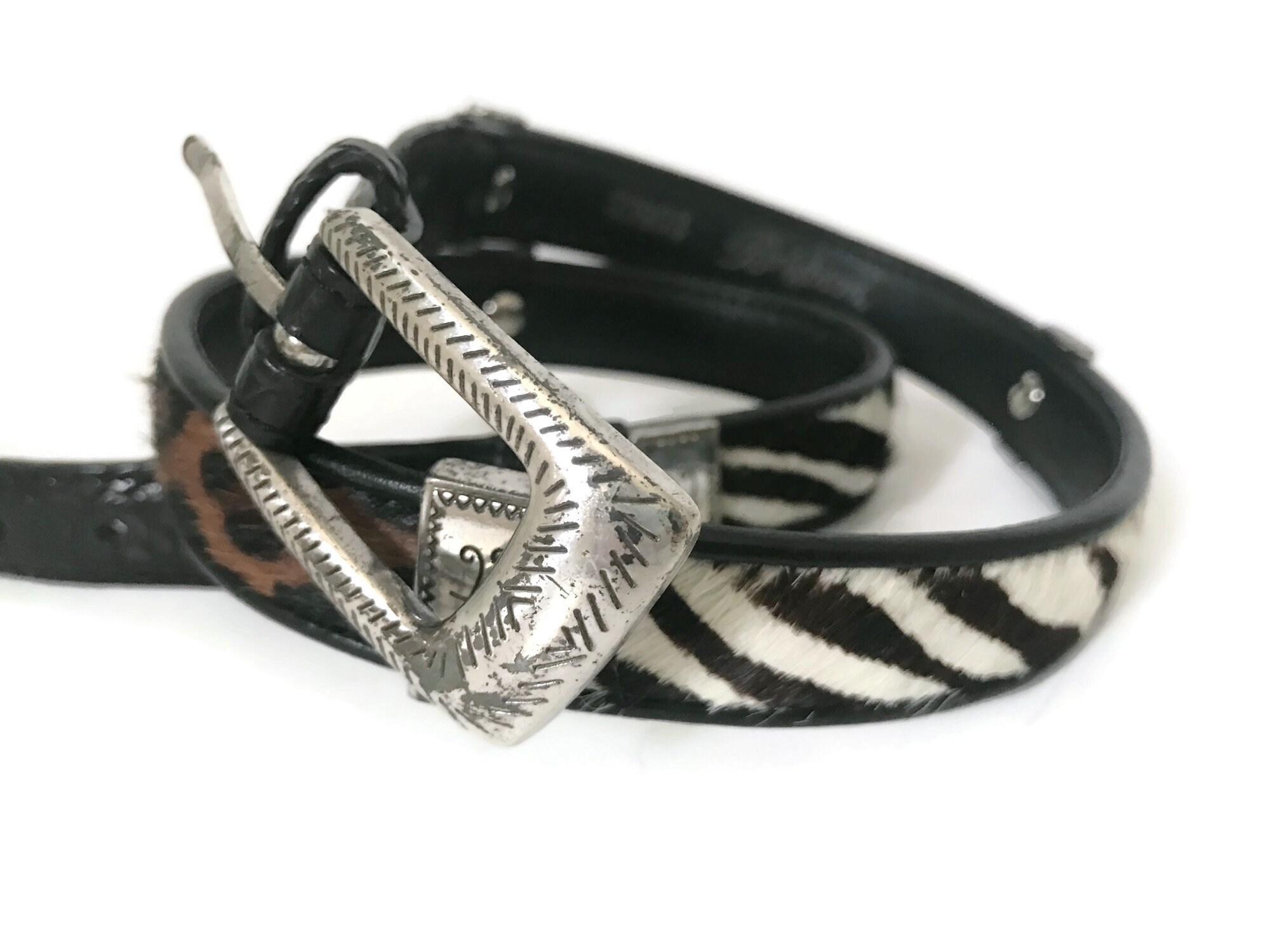 Animal Print Calf Hair Leather Belt Size L, Leatherock 