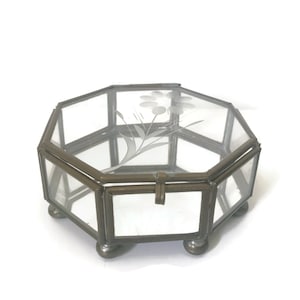 Glass and Brass Hexagon Trinket Box, Vintage Display Mirrored Glass Display Box