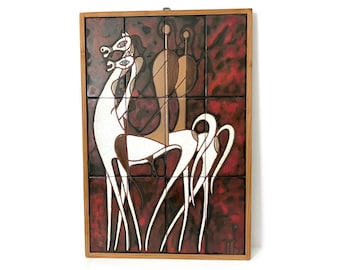 Panos VALSAMAKIS MCM Art Tile, Mid Century Original Handmade Ceramic Tile  Framed Picture 2 Horses 2 Riders, Greek Hand Painted Tiles